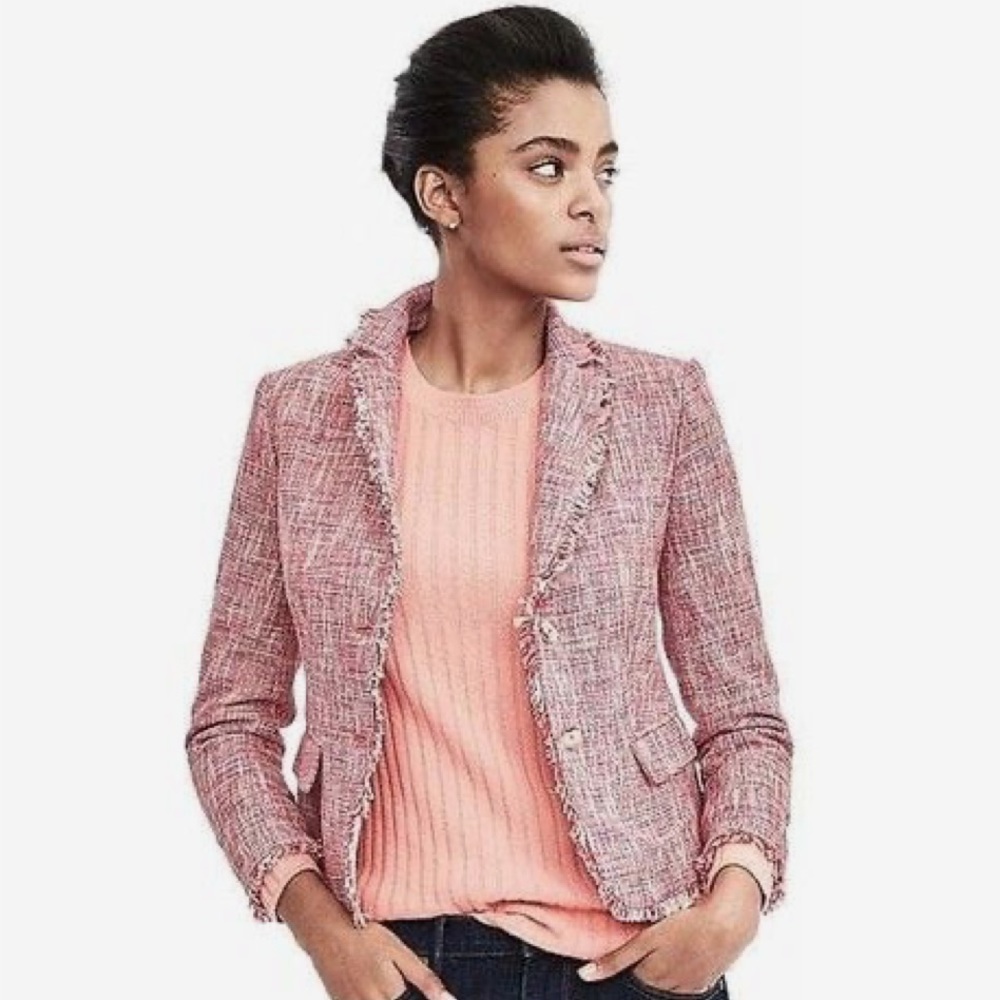 Banana Republic Pink Tweed Fringe Blazer